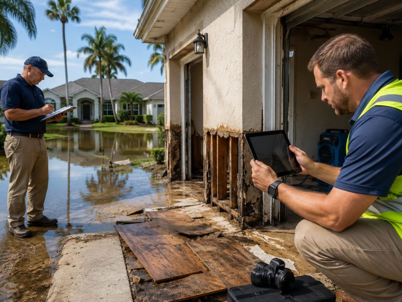 Flood damage insurance claim assessment at a residential property in Orlando Florida