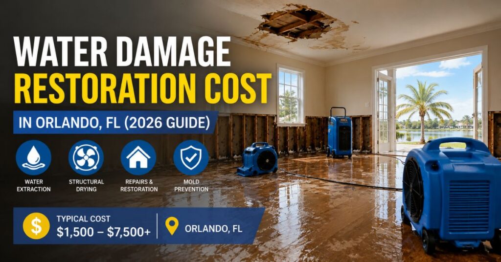 Water-damaged home in Orlando, Florida with wet hardwood floors, ceiling damage, and professional drying equipment used during water damage restoration.