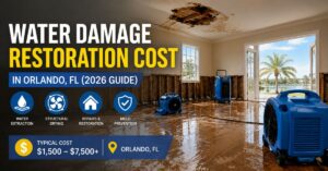 Water-damaged home in Orlando, Florida with wet hardwood floors, ceiling damage, and professional drying equipment used during water damage restoration.