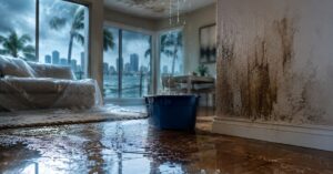 Water leaking from a damaged ceiling into a bucket inside an Orlando, Florida home with wet hardwood floors and visible water damage on the walls.
