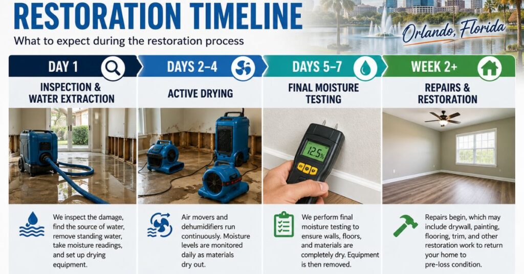 Water damage restoration timeline infographic