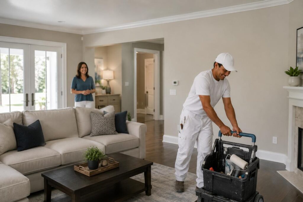 Happy homeowner finishing work