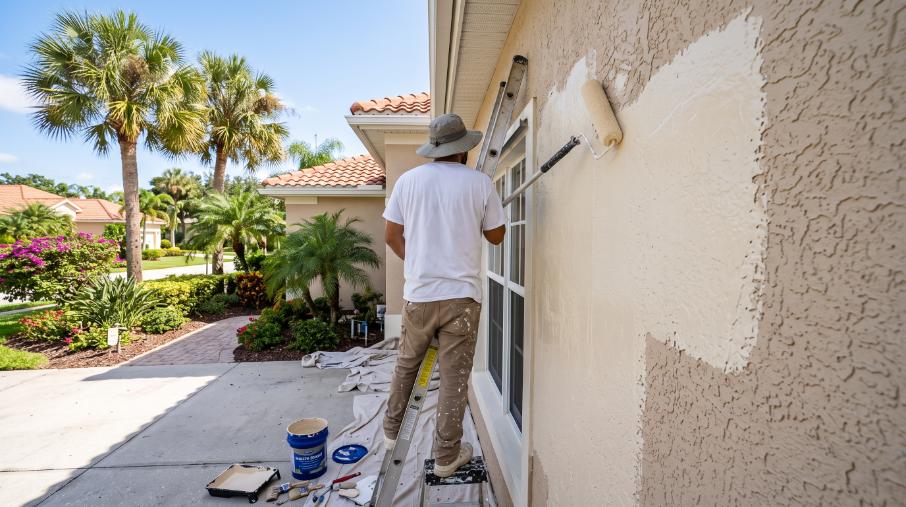applying elastomeric coating stucco wall thick nap roller