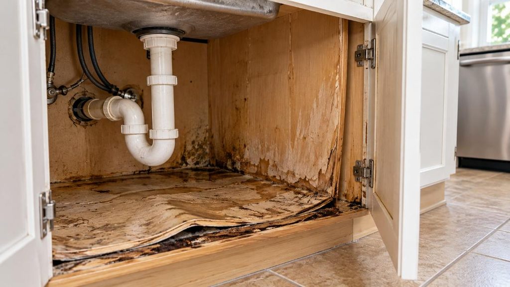 water damaged kitchen cabinet box replacement needed