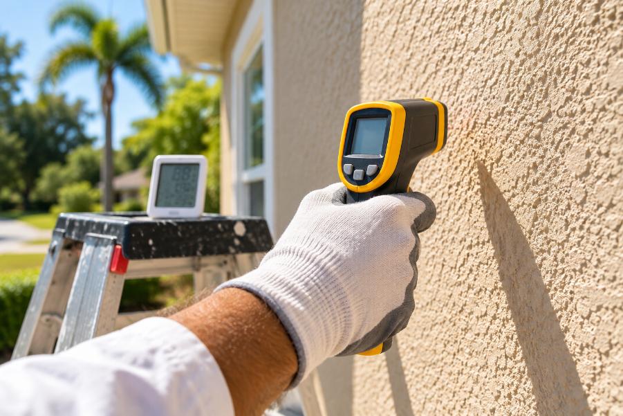 Painter checking surface temperature on stucco wall in Orlando