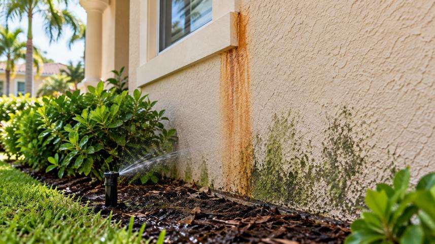 Rust stain and mildew on stucco wall in Orlando