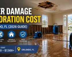 Water-damaged home in Orlando, Florida with wet hardwood floors, ceiling damage, and professional drying equipment used during water damage restoration.