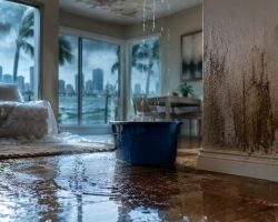 Water leaking from a damaged ceiling into a bucket inside an Orlando, Florida home with wet hardwood floors and visible water damage on the walls.